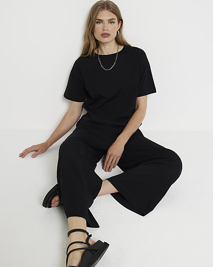 Black t-shirt and wide leg joggers set