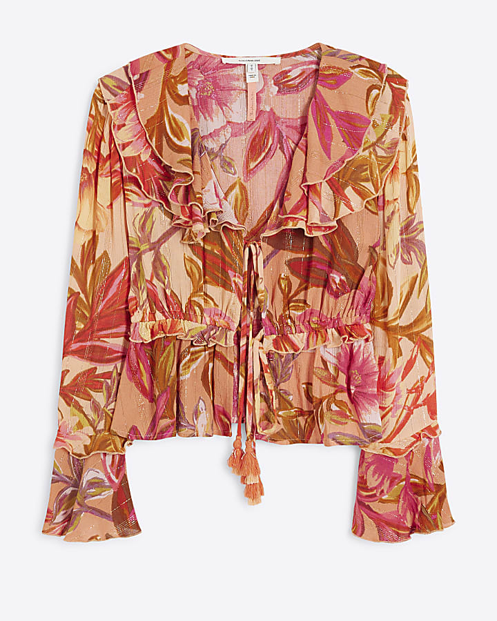 Petite Pink Floral Frill Tie Top