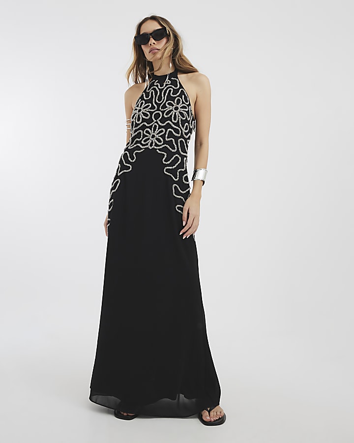 Black Premium Embellished Halter Neck Dress