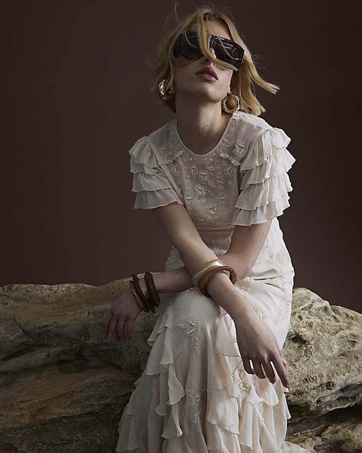 Pink Premium Ruffle Embroidered Maxi Dress