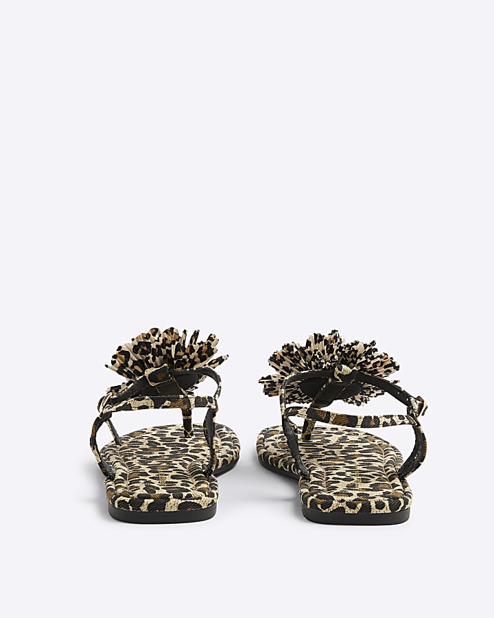 Brown Leopard Flower Toe Thong Flat Sandals