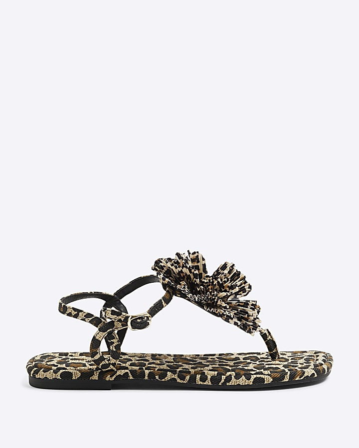 Brown Leopard Flower Toe Thong Flat Sandals