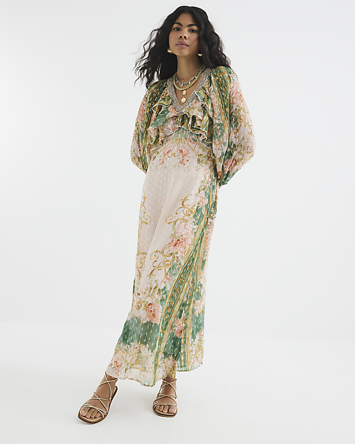 Pink Long Sleeve V Neck Ruffle Maxi Dress