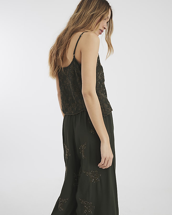 Khaki Sleeveless Embellished Cami Top