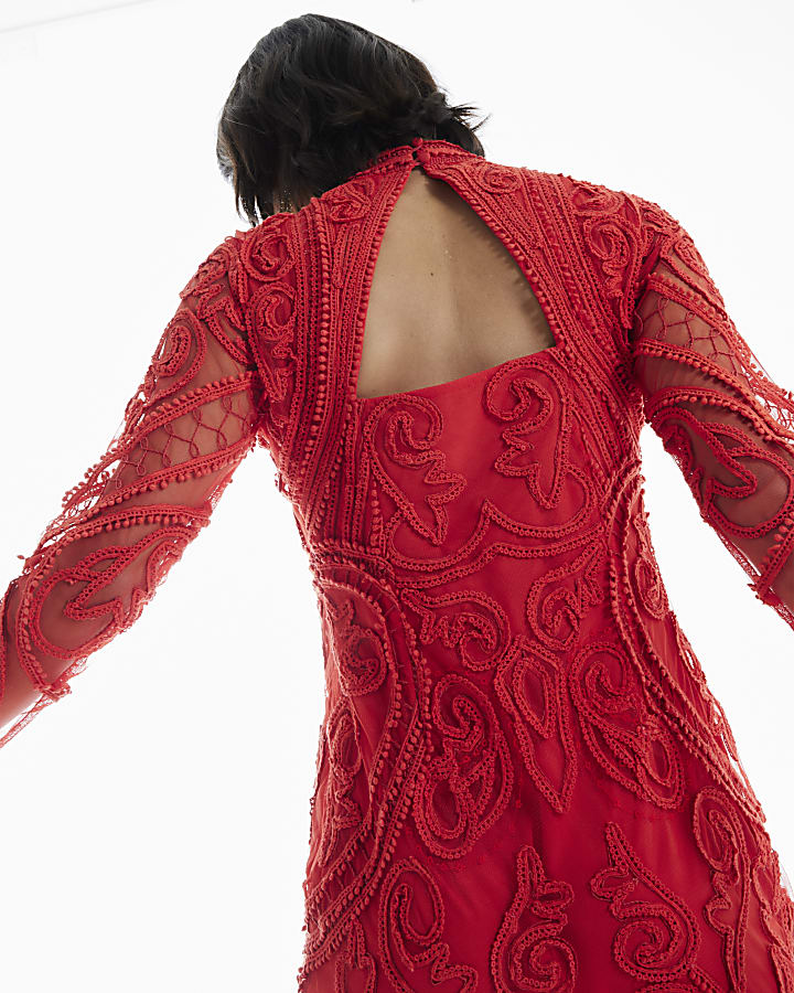 Red Embroidered Cut Out Mini Dress