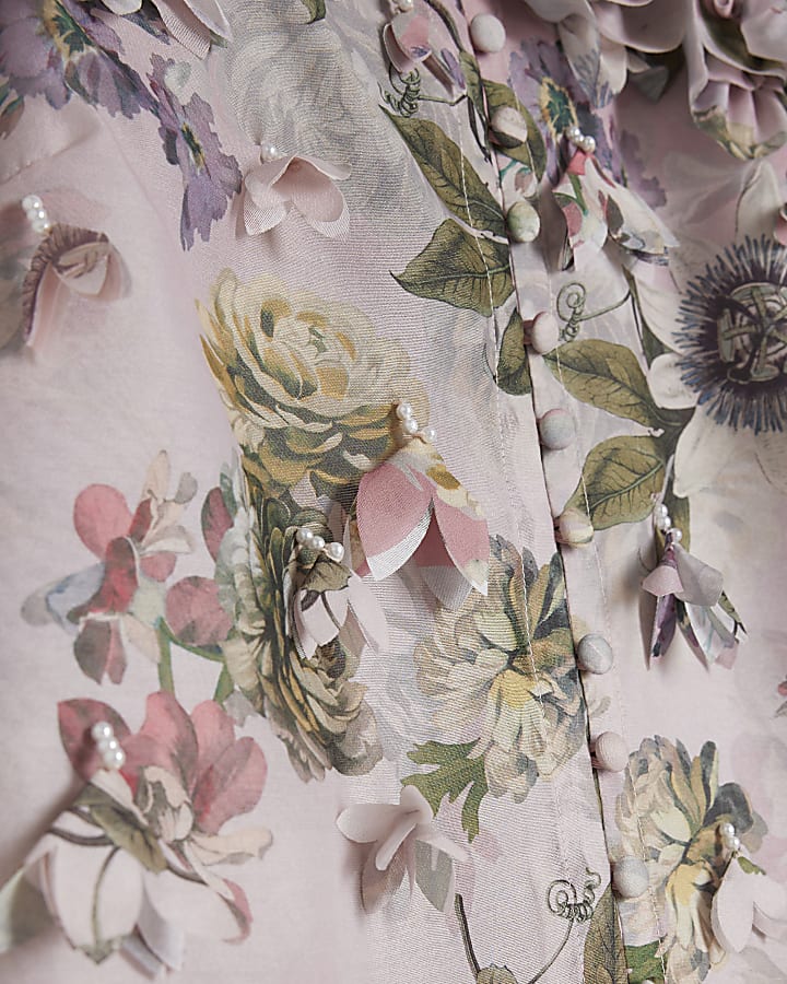 Pink 3D Floral Trimmed Sleeve Blouse