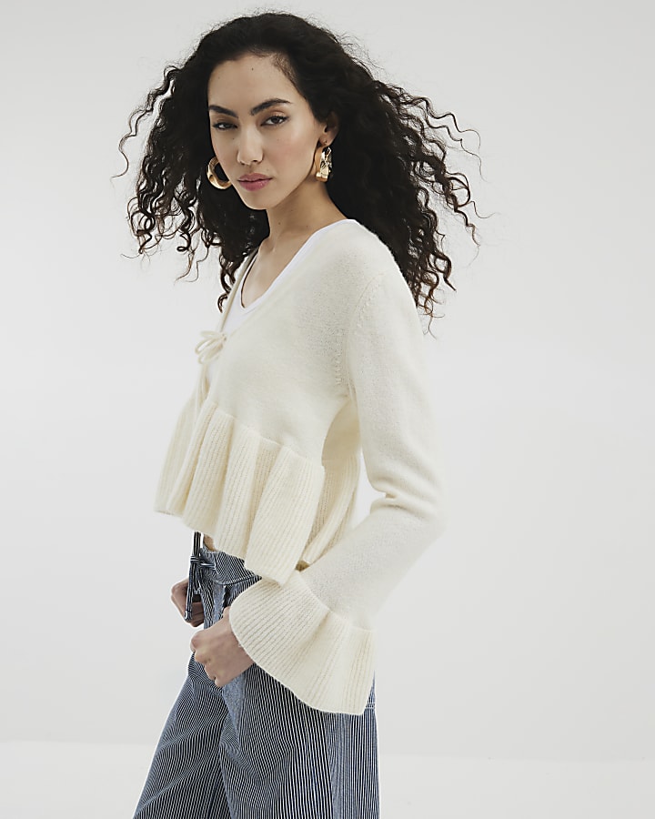 Cream Long Sleeve Tie Frill Cardigan