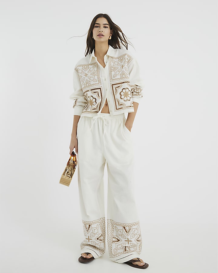 Cream Linen Blend Patchwork Broderie Trousers