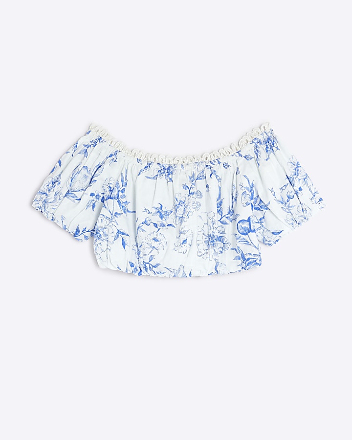 Blue Floral Bubble Hem Bardot Crop Top