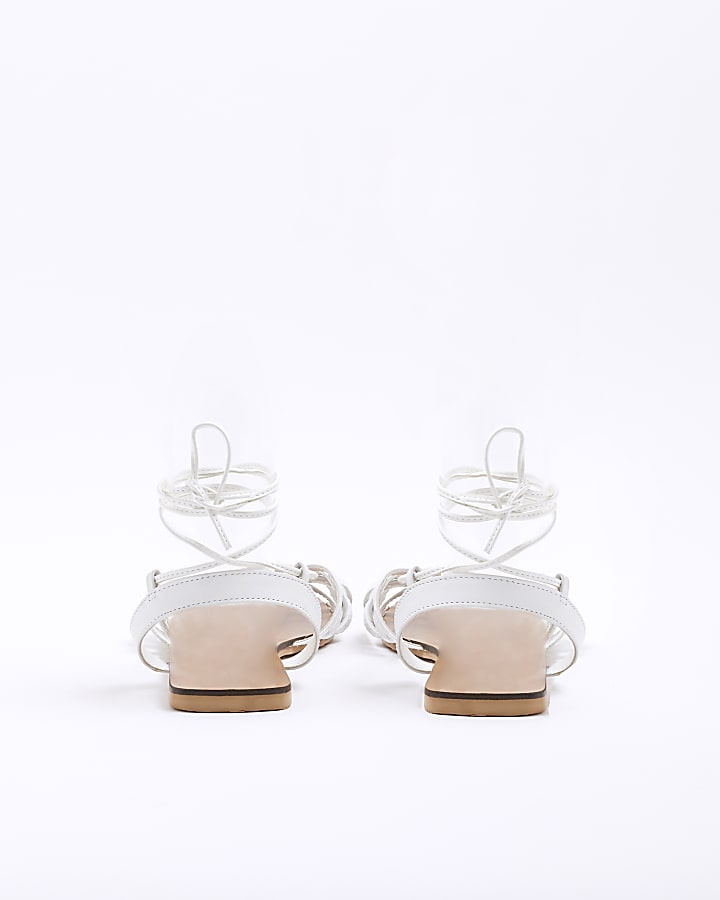 White Leather Caged Tie Up Flat Sandals