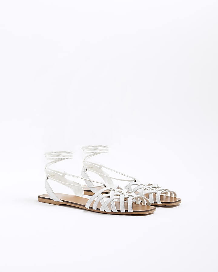 White Leather Caged Tie Up Flat Sandals