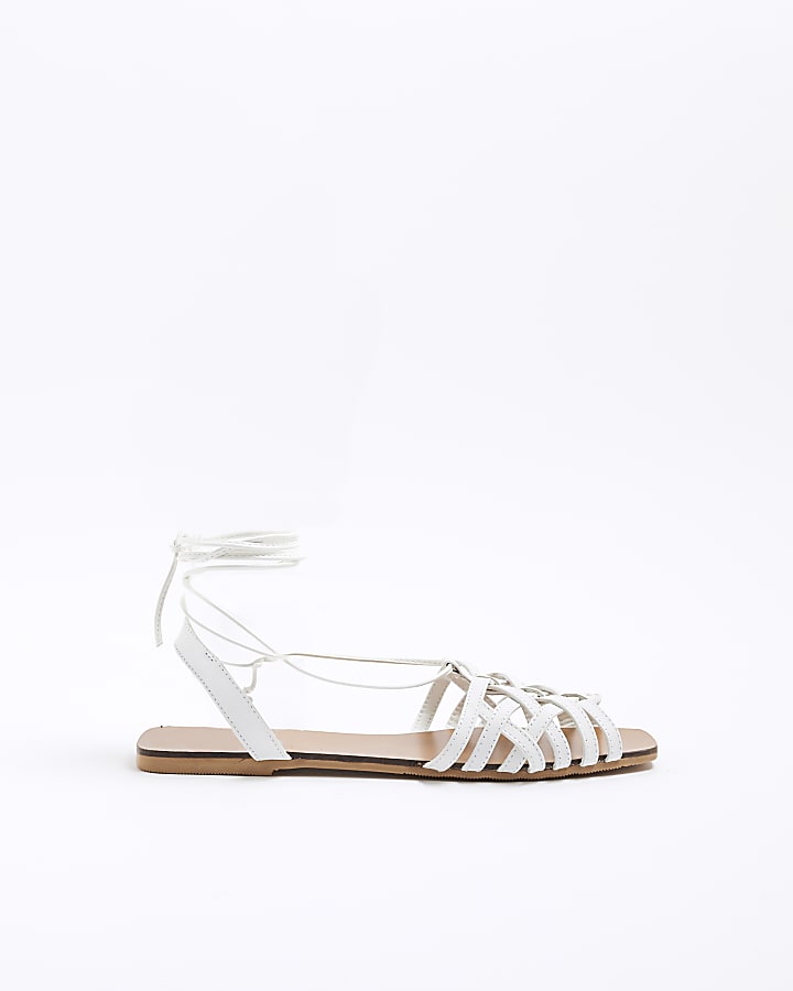 White Leather Caged Tie Up Flat Sandals