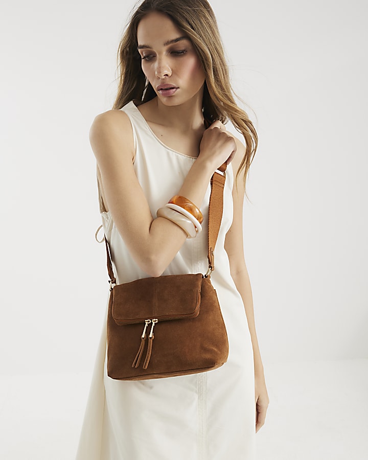 Brown Suede Zipped Messenger Bag