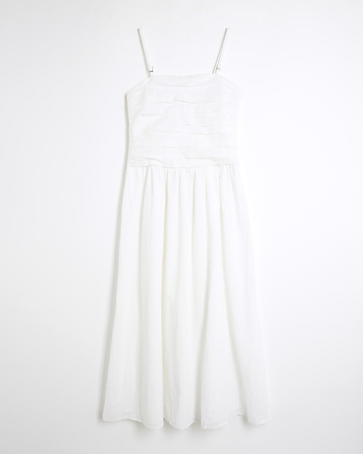 White Pleated Bodice Bandeau Midi Dress