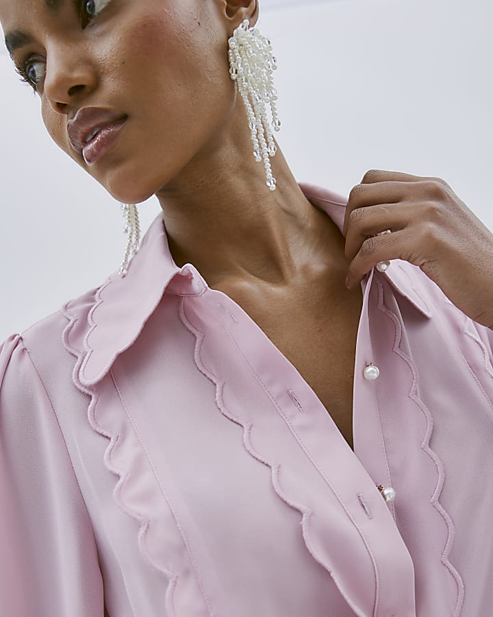 Pink Scallop Detail Chiffon Shirt