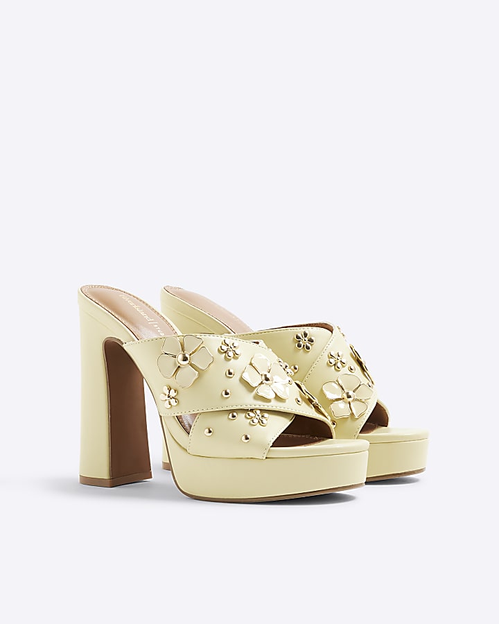 Yellow Flower Cross Strap Platform Mule Heels