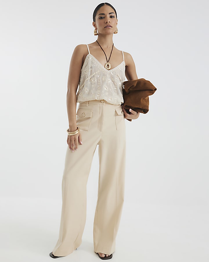 Petite Beige Button Front Straight Trousers