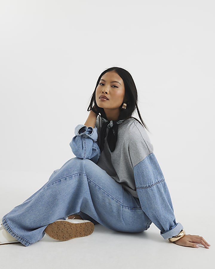 Petite Blue Denim Elasticated Wide Leg Jeans