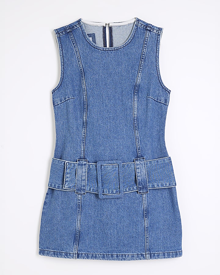 Petite Blue Denim Low Rise Belt Mini Dress