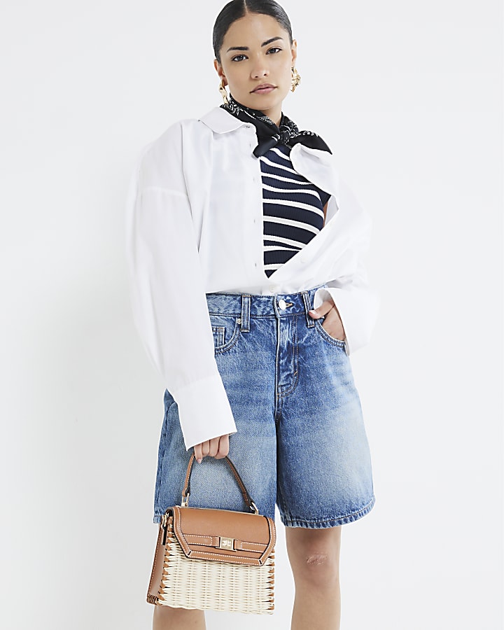 Petite Blue Denim Longline Bermuda Shorts
