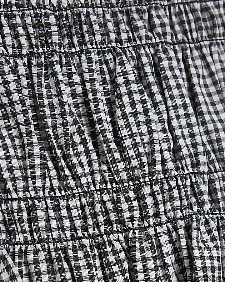 Black Puff Sleeve Gingham Shirred Top
