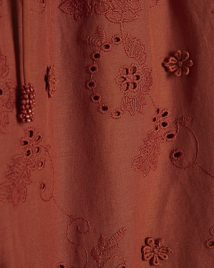 Rust Embroidered Tie Waist Trousers