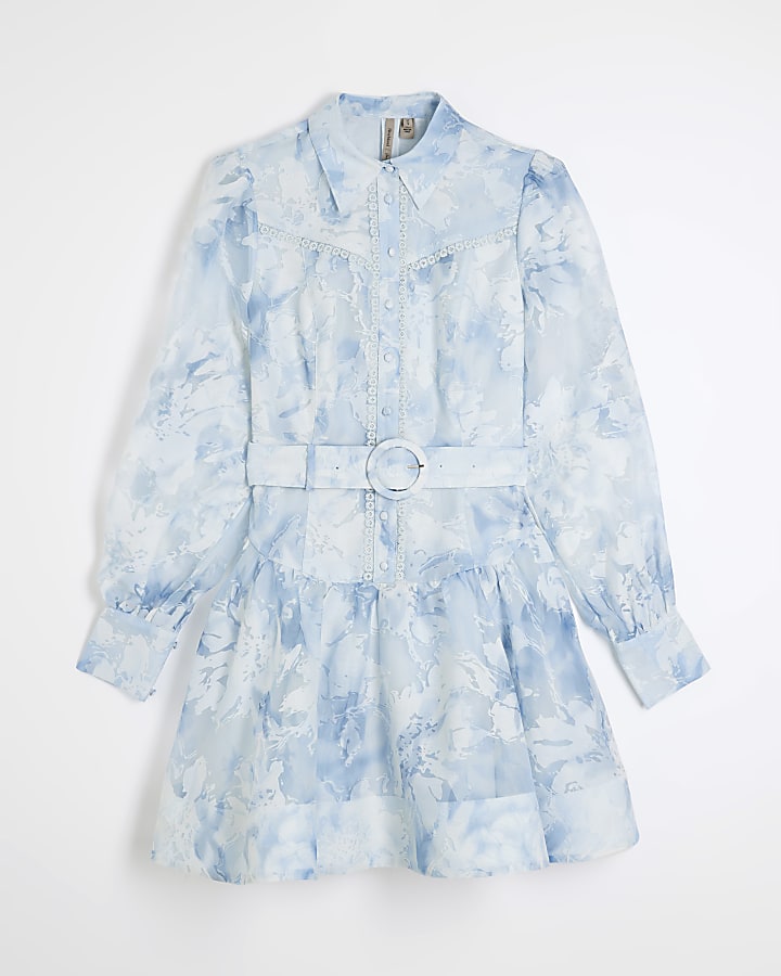 Petite Blue Long Sleeve Floral Shirt Dress