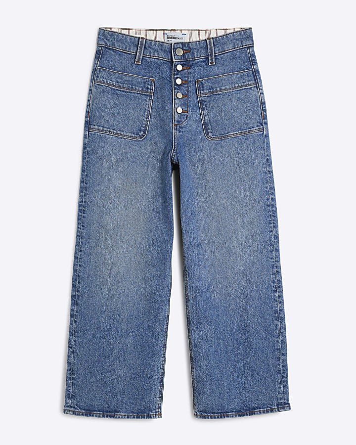 Blue Wide Leg Pocket Cropped Jeans