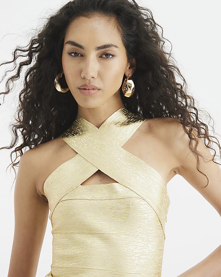 Gold Cross Over Metallic Bandage Mini Dress