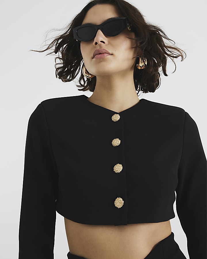 Black Long Sleeve Cropped Button Jacket