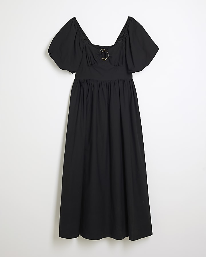 Black Short Sleeve Ring Detail Midi Dress
