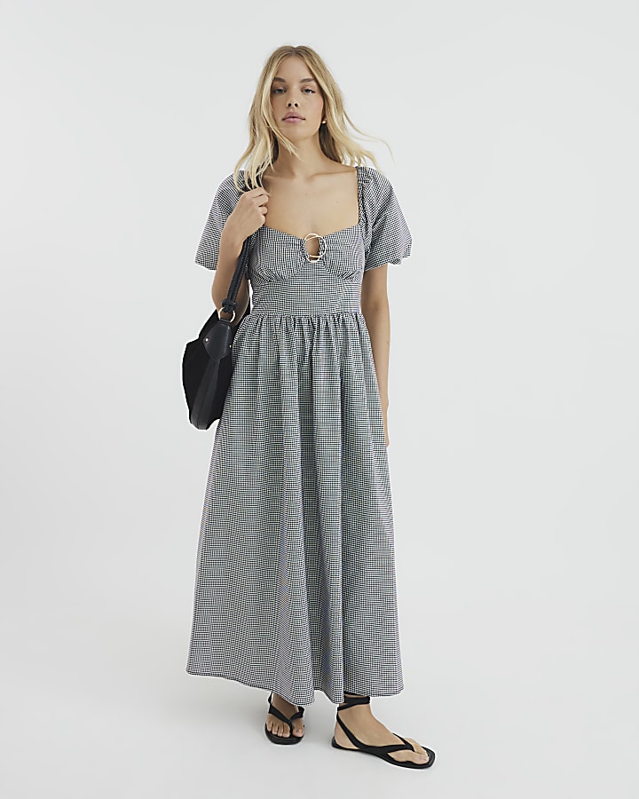 Black Short Sleeve Gingham Midi Dress