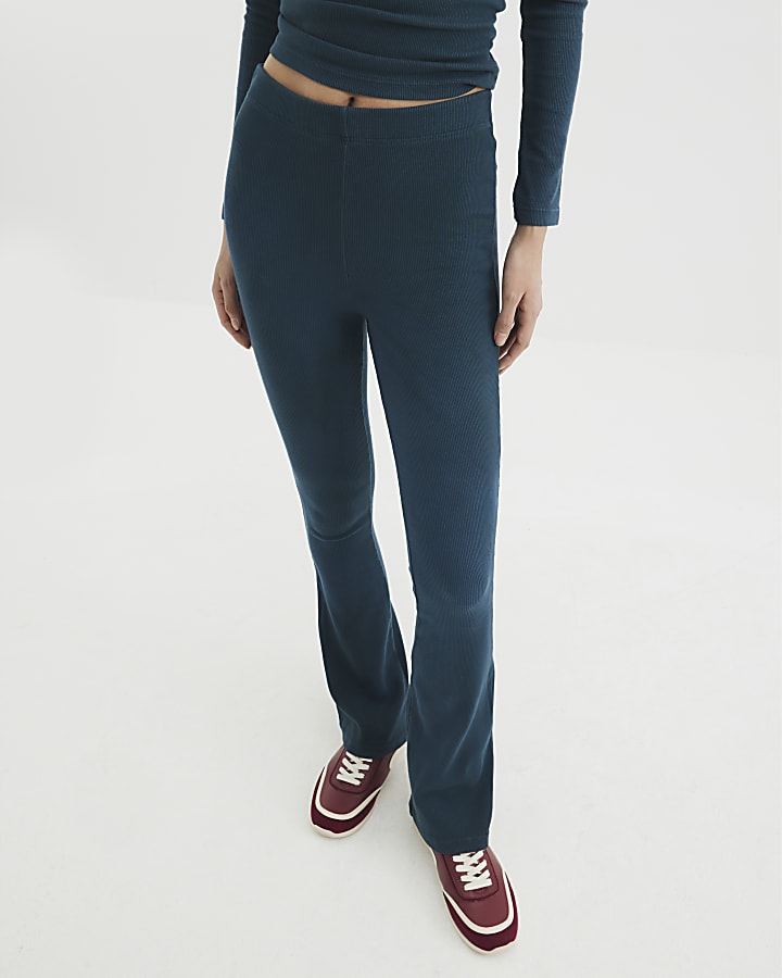 Green High Waisted Ribbed Flared Leggings
