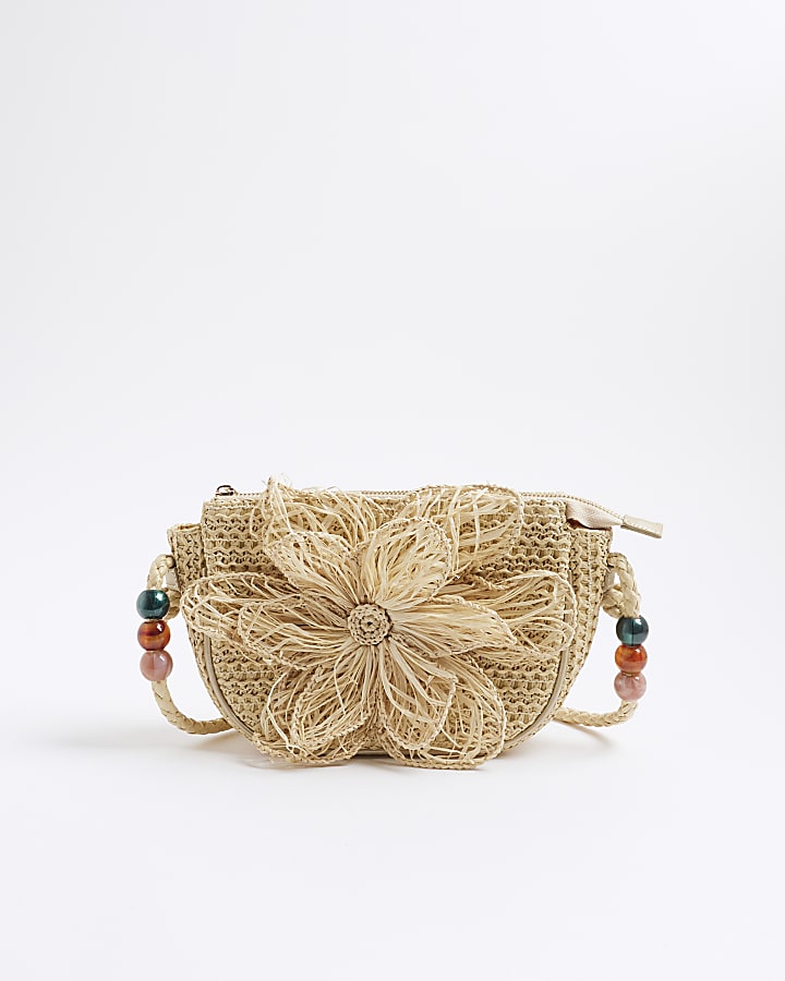 Beige 3D Raffia Flower Shoulder Bag