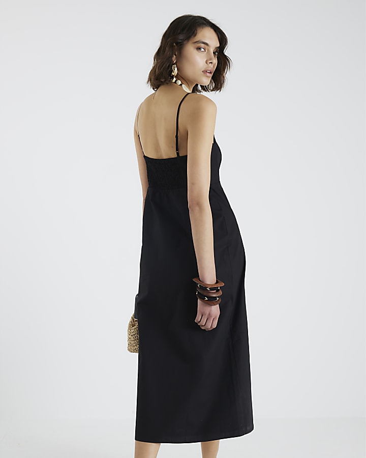 Black Strappy Scallop Midi Sun Dress