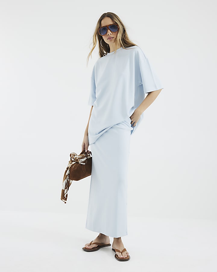 Blue Neoprene Maxi Skirt