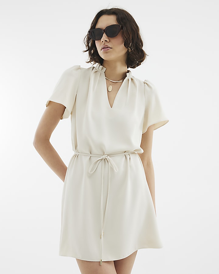 Cream Short Sleeve Belted Mini Dress