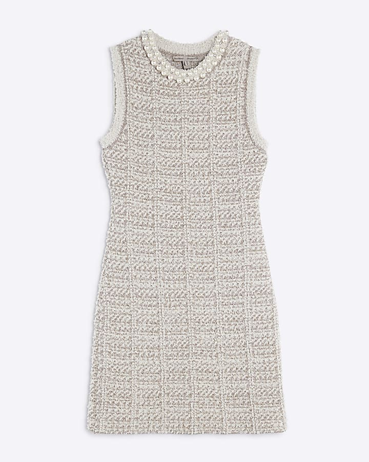 Beige Boucle Embellished Mini Dress