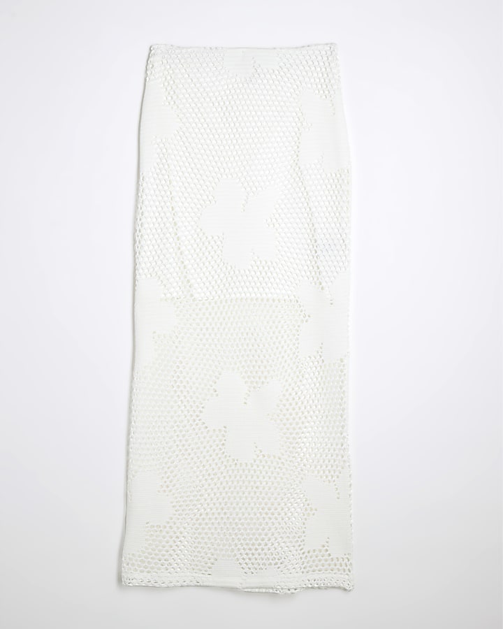 White Floral Mesh Midi Skirt