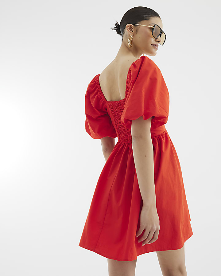 Red Short Sleeve Poplin Mini Dress