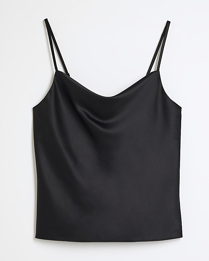 Black Sleeveless Satin Cowl Neck Cami Top
