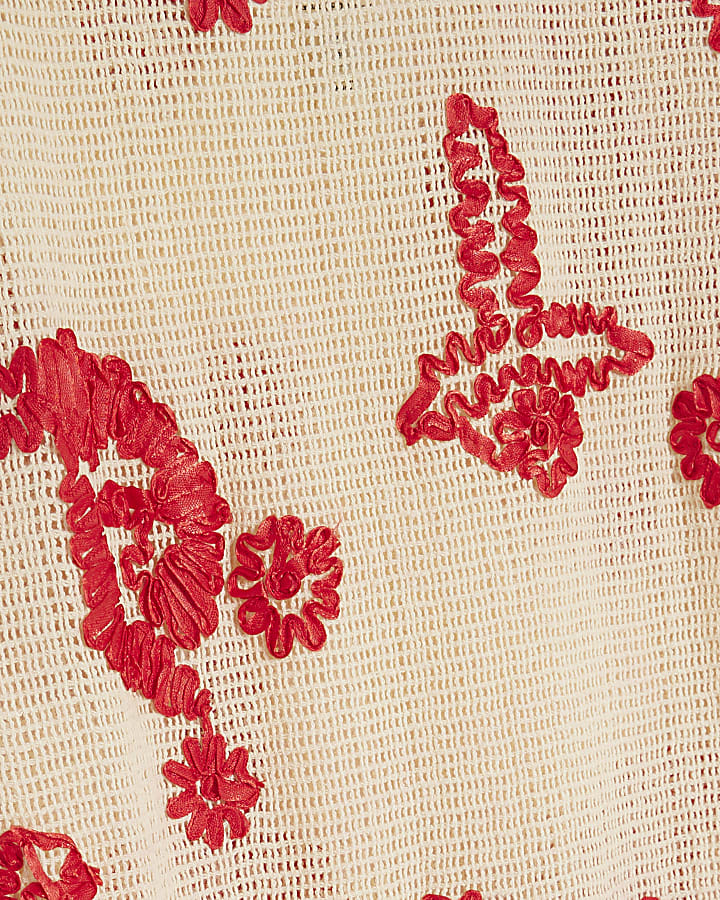 Red Embroidered Crochet Midi Beach Dress