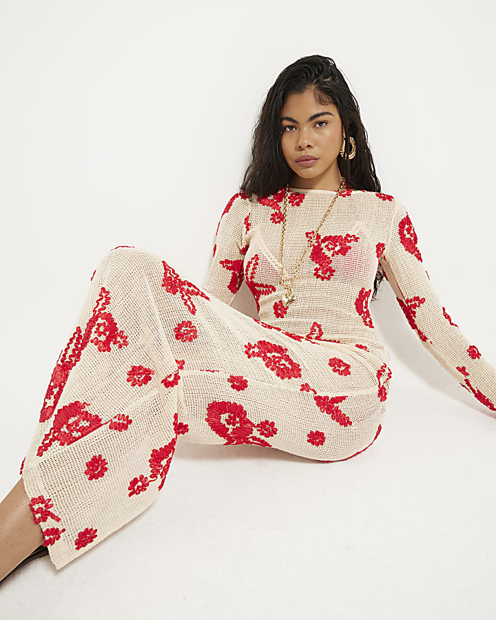 Red Embroidered Crochet Midi Beach Dress