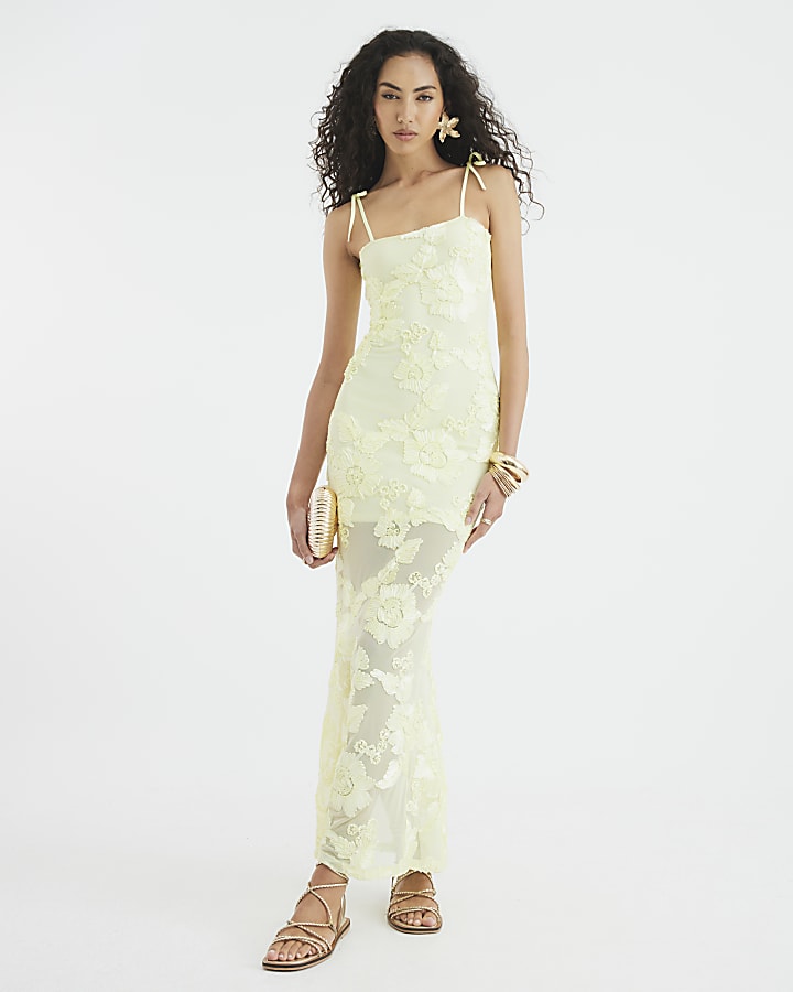 Yellow Floral Mesh Midi Dress