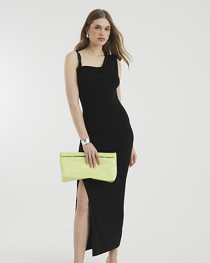 Black Buckle Draped Midi Dress