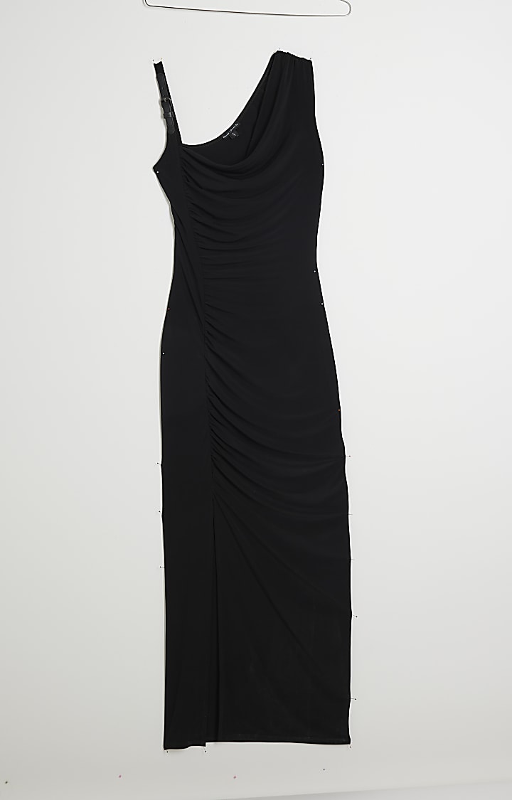 Black Buckle Draped Midi Dress
