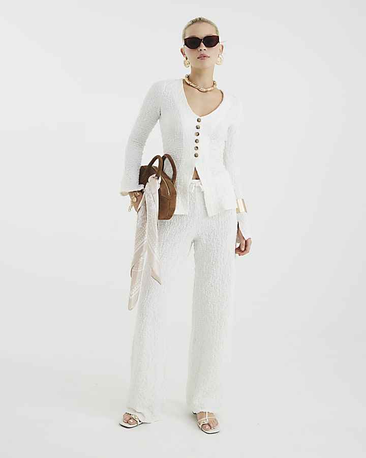 Cream Long Sleeve Textured Buttoned Top