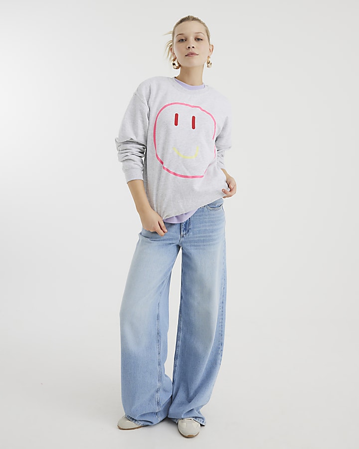 Grey Long Sleeve Smiley Face Sweatshirt