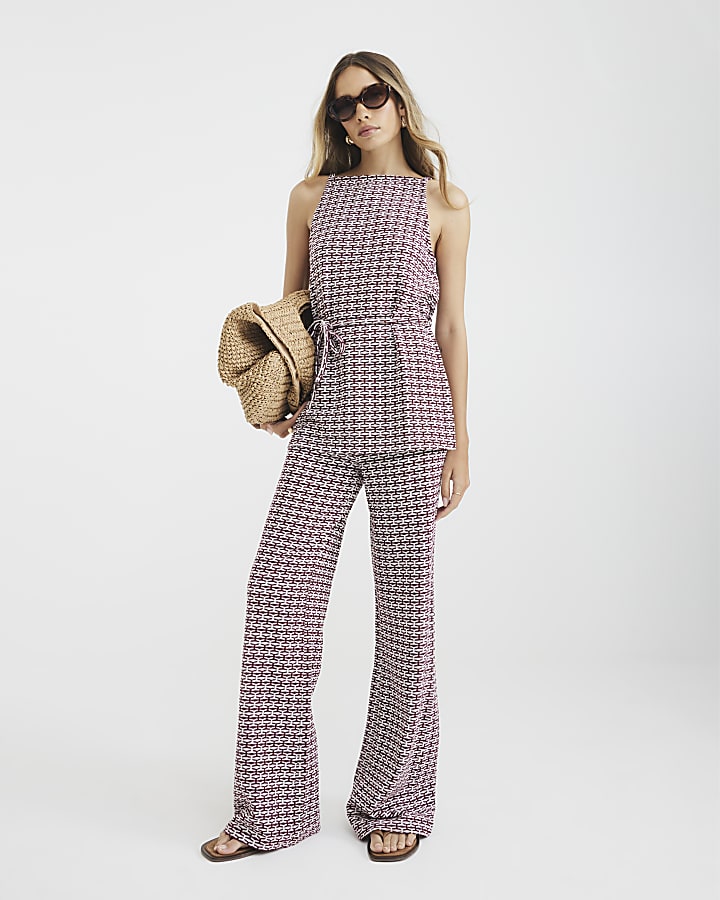 Red Geometric Print Wide Leg Trousers