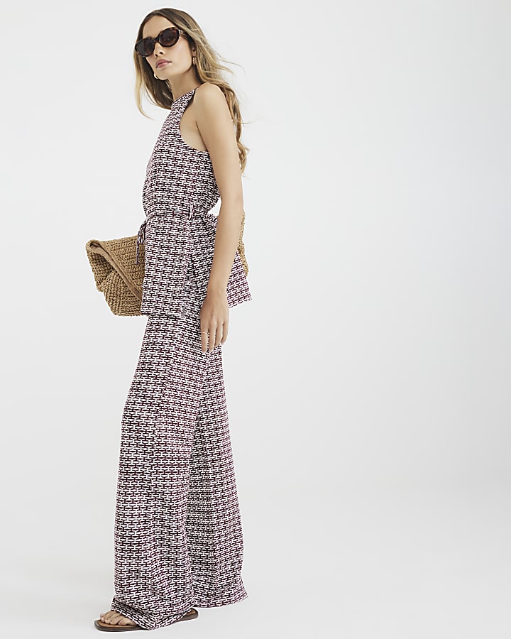 Red Geometric Print Wide Leg Trousers